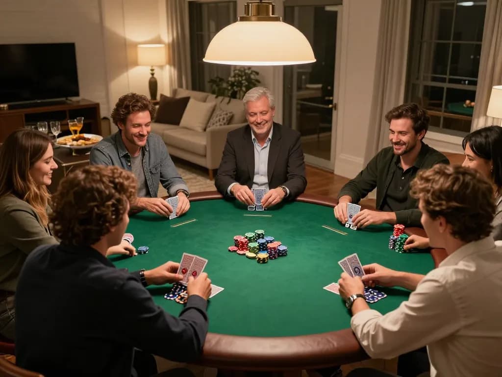 Sunwin players enjoying a thrilling poker night with chips stacked, laughter, and warm ambiance.