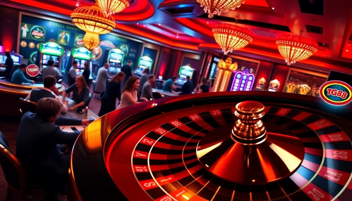 TG88 casino players enjoying roulette and poker in a vibrant and luxurious setting.
