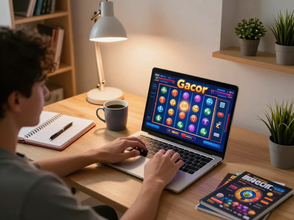 Playing an online slot gacor game on laptop, showcasing winning potential in a cozy home setting.