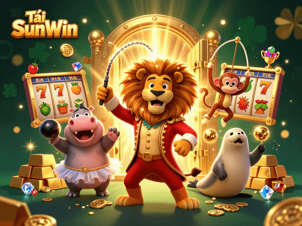Tải SunWin showcases vibrant casino fun with a ringmaster lion, hippo, and monkey in a lively digital illustration.