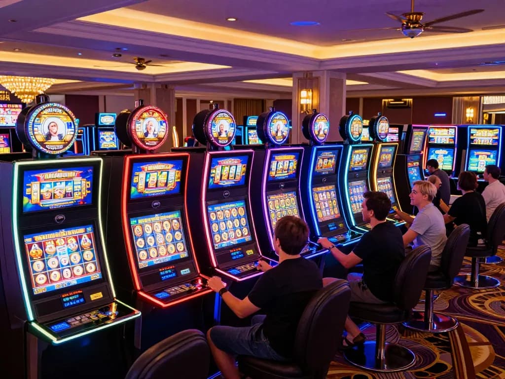KUBET players celebrating wins at vibrant slot machines in an upscale casino environment
