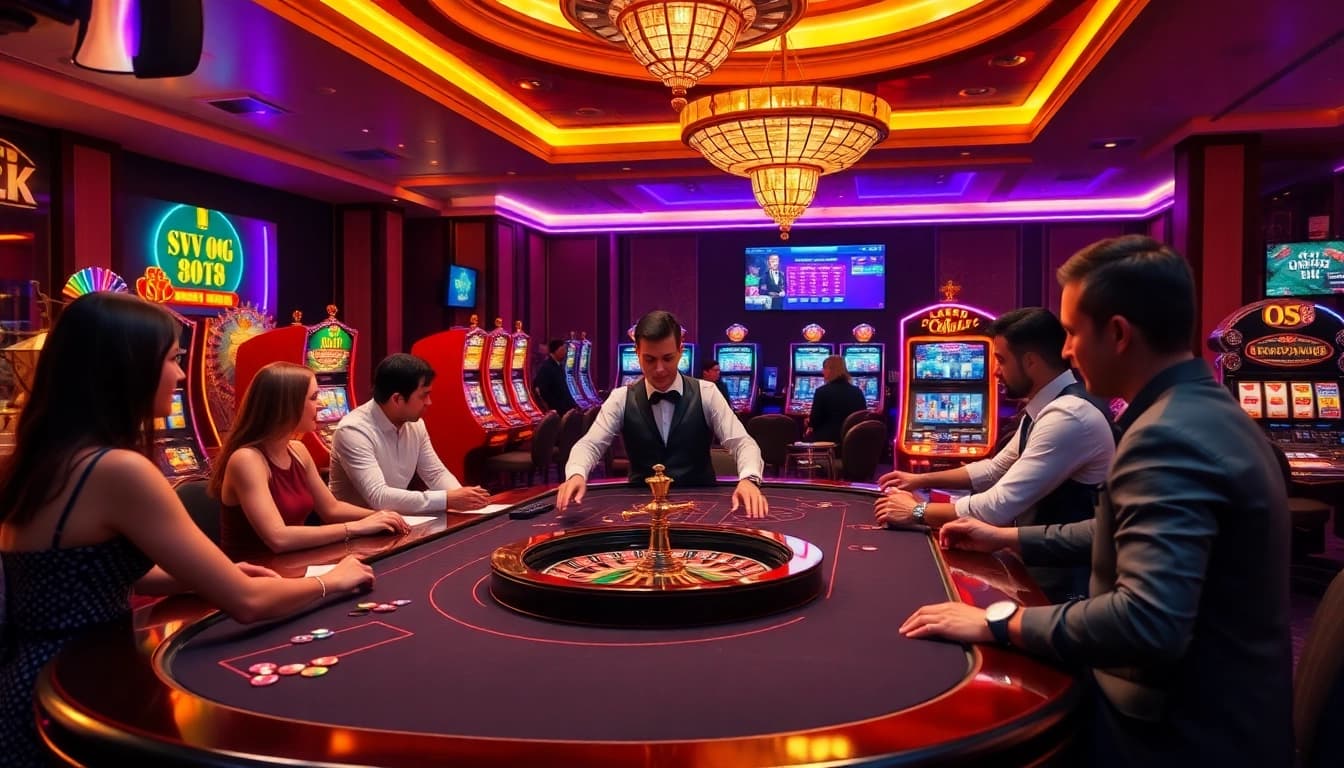 Engaging players enjoy a thrilling game at SV66's luxurious casino table with vibrant gameplay elements.