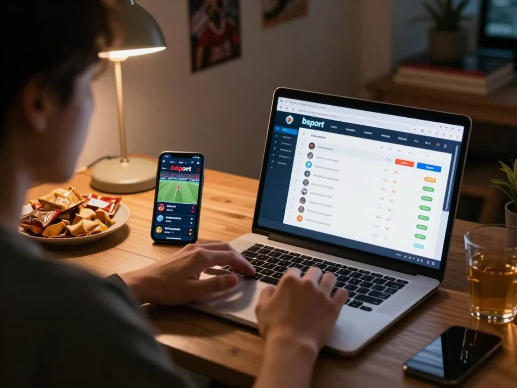 Engaging online sports betting session on Bsport platform with laptop and smartphone in home setting