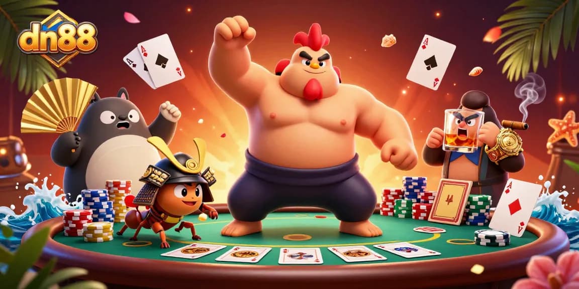 Join the action at dn88 with a powerful sumo rooster and samurai cricket in a vibrant casino scene.