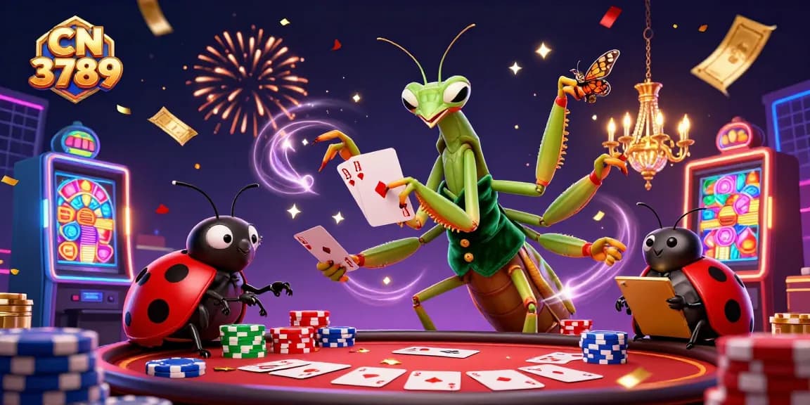 Engage with CN 3789's thrilling poker action featuring vibrant casino characters amidst flying poker chips and golden tickets.