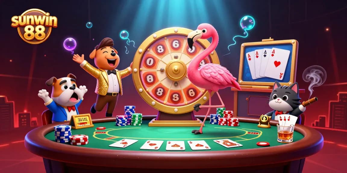 Engage with sunwin 88 in a lively casino scene featuring a flamingo host and bulldog contestant.