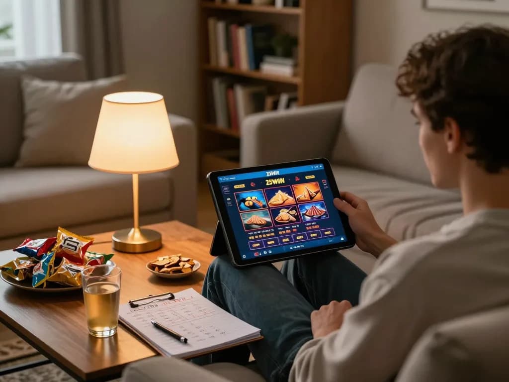 23WIN app showcased in a cozy home gaming setup, highlighting strategic gameplay and a relaxed atmosphere.