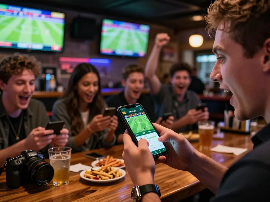 Socolive app user actively engaging in sports betting with live match updates at a lively sports bar