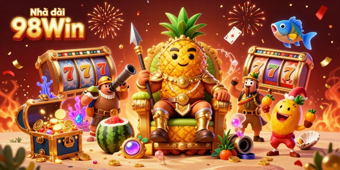 Engage with the vibrant world of Nhà cái 98Win, featuring a lively beach casino scene with dynamic characters and game elements.