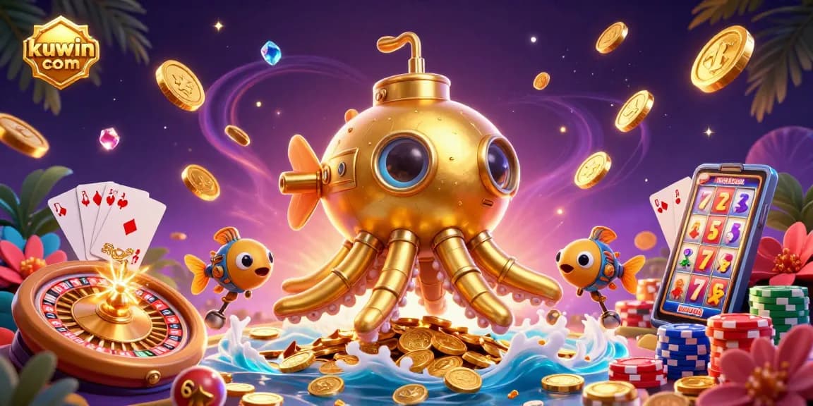 Play and win at kuwin com, featuring a golden kraken submarine amid a flurry of casino excitement.
