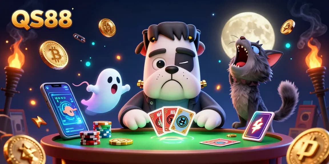 Experience thrilling gaming at QS88 with a 3D cartoon scene of a bulldog monster dealing cards amidst crypto elements.