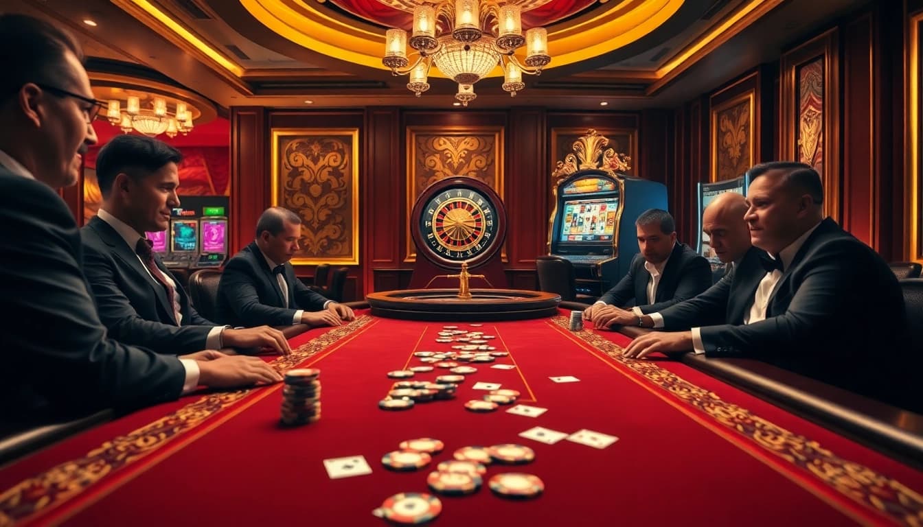 Nohu90's vibrant casino atmosphere with professional poker players and luxury gaming equipment.