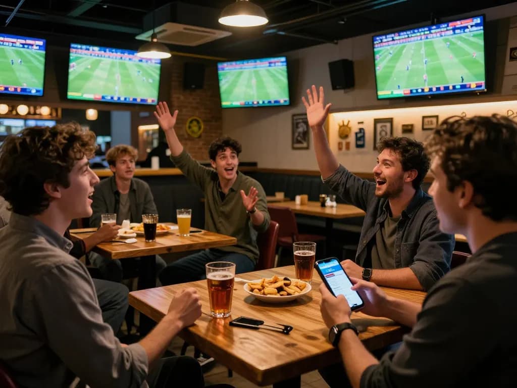 Excited sports bettors using ALO8 PRO app while watching football match in lively sports bar