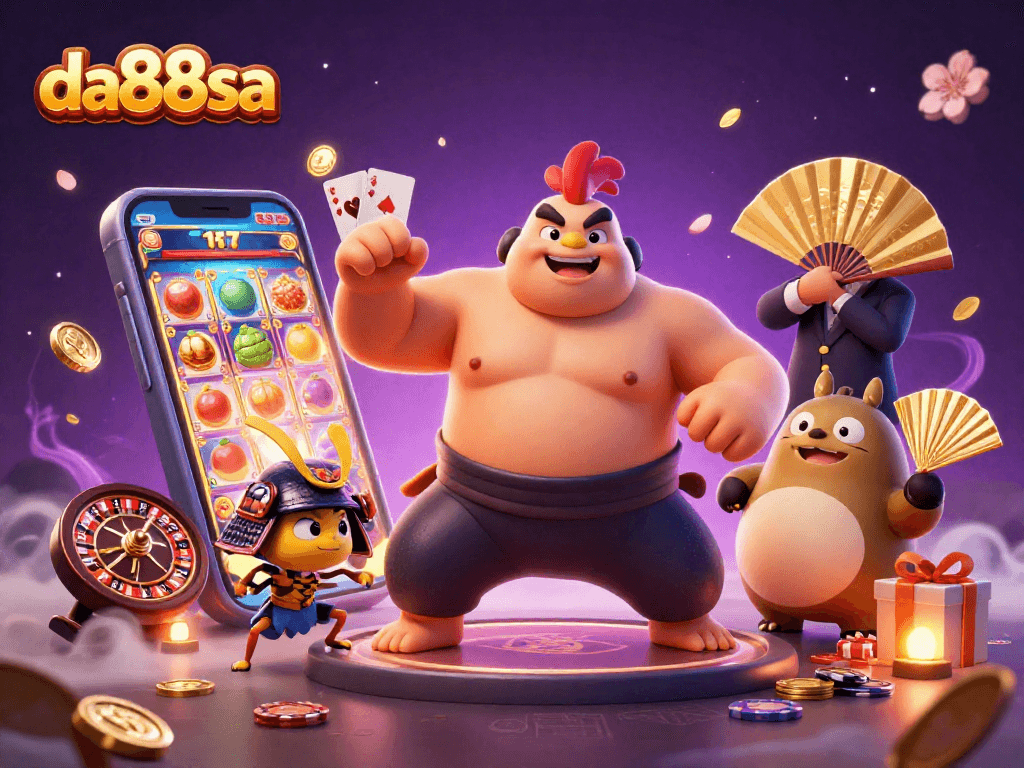 Experience the delightful da88sa gaming scene with a powerful sumo rooster and lucky gaming symbols.