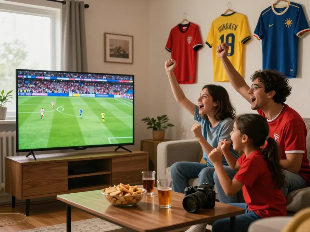 Lương Sơn TV football fans enjoying a live match in a cozy living room, celebrating together.