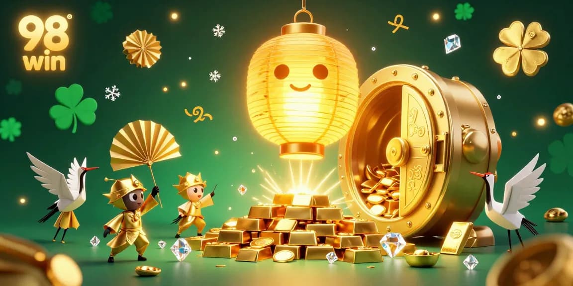 Players win with 98 win in an enchanting casino scene featuring a glowing lantern spirit and golden treasures.