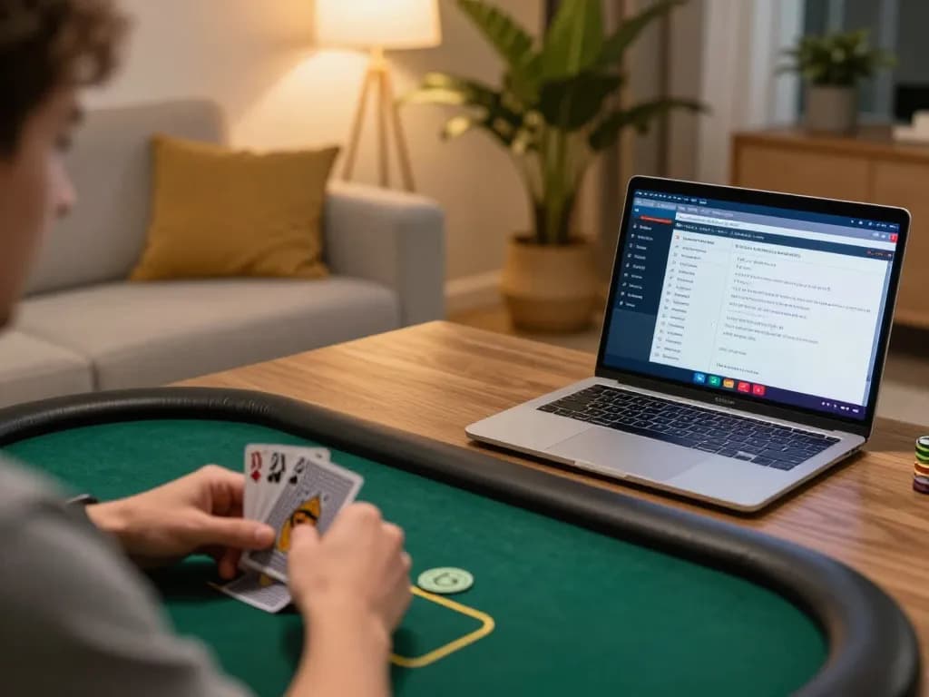 Player using a tablet for online poker at home while strategizing with 13win