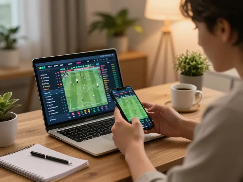 tv88 user engaging in online sports betting with smartphone and laptop setup.