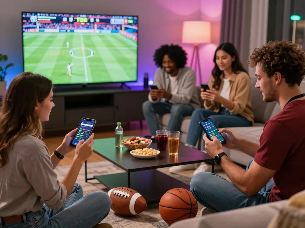 Engaged users enjoying Onbet sports betting with live events in a vibrant living room.