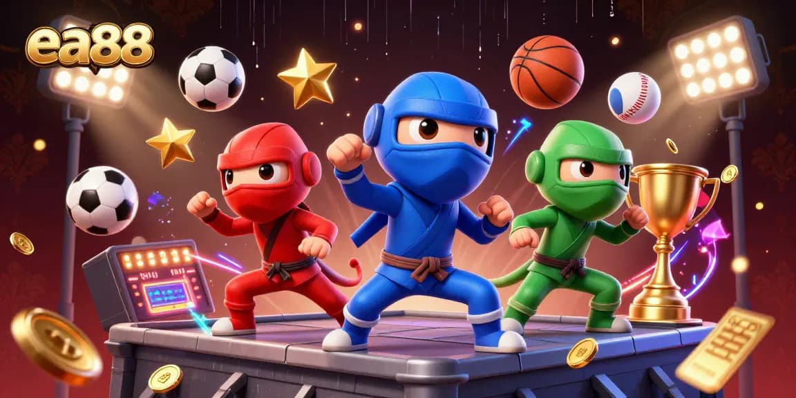 ea88 ninja chameleon team showcasing martial arts skills with sports elements in a vibrant casino scene