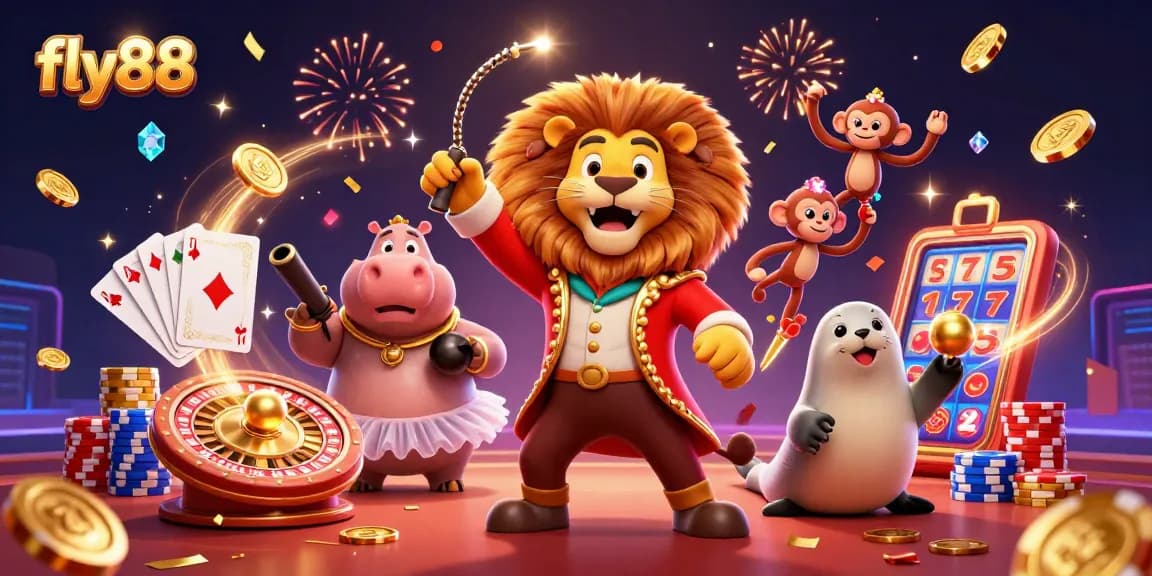 Enhance your gaming experience with fly88’s vibrant circus-themed casino illustration.
