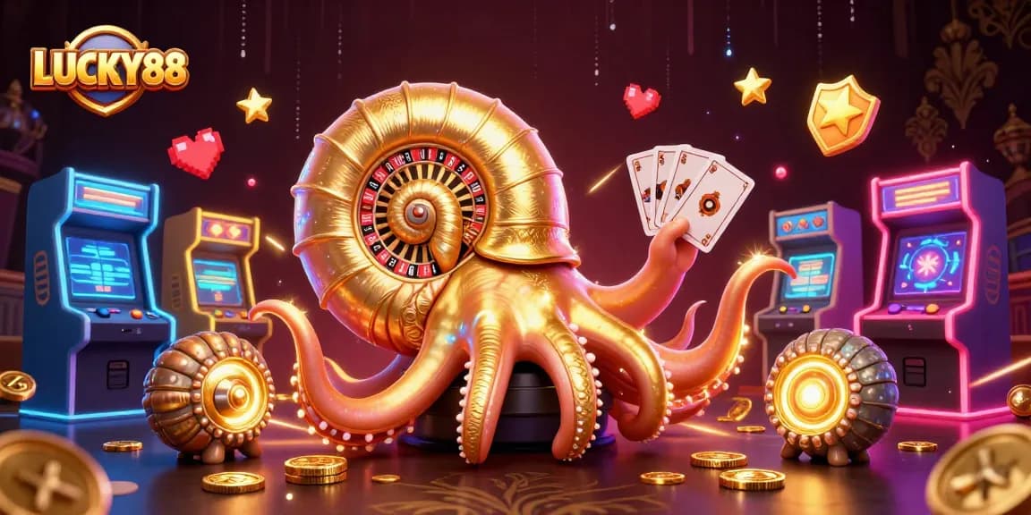 Join the excitement at LUCKY88 with a dazzling 3D casino scene featuring vibrant games and characters.