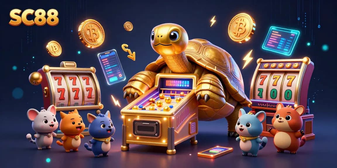 Play exciting slots at SC88, featuring vibrant illustrations of jackpot reels and golden tortoises.