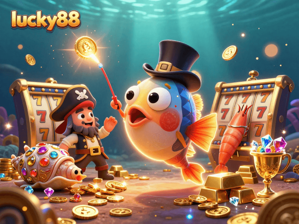Engage with lucky88's thrilling 3D casino adventure featuring vibrant characters in an underwater treasure scene.