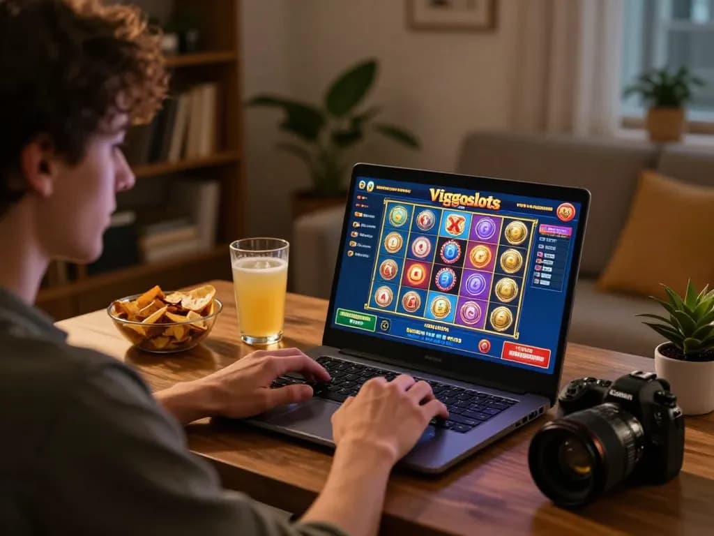 Engagierter Spieler genießt Viggoslots-deu-Spiele auf dem Laptop in einem gemütlichen Zuhause.