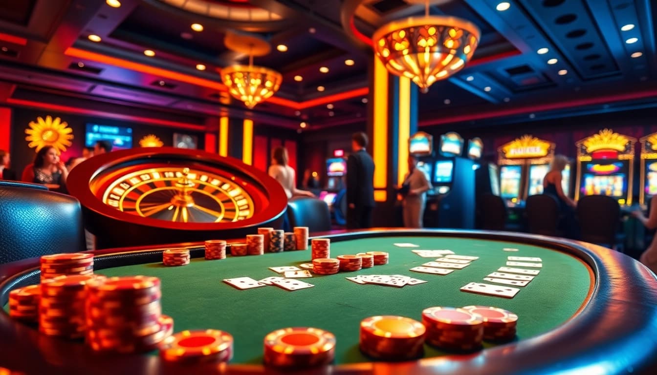High-stakes poker night at KM88 casino, showcasing vibrant chips, cards, and roulette excitement.