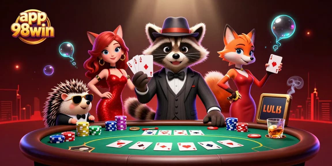 Play with app 98win; a suave raccoon, a dazzling fox, and a bouncer create excitement at a bustling casino table.