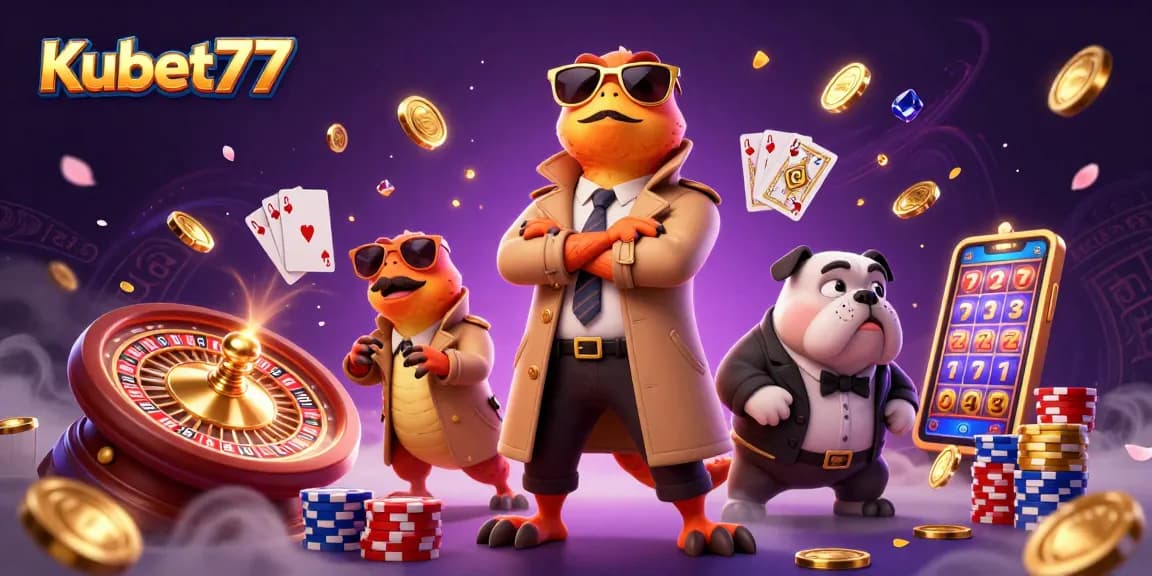 Kubet77 raptors in trench coat sneak into a VIP casino, bouncer bulldog watches closely.