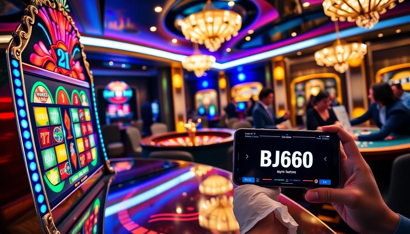 Experience thrilling gambling at BJ66 casino with vibrant slot machines and poker tables.