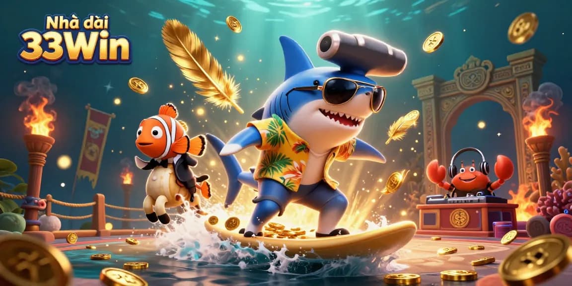 Experience thrilling wins with Nhà cái 33Win in a vibrant casino illustration featuring dynamic underwater characters.