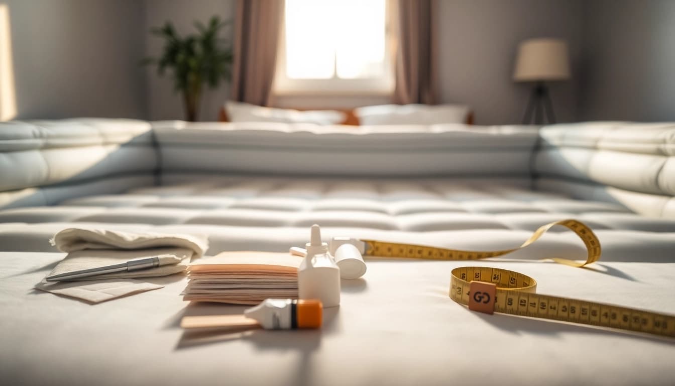 Wasserbett Reparatur in einem gemütlichen Schlafzimmer mit Werkzeugen für die Reparatur.