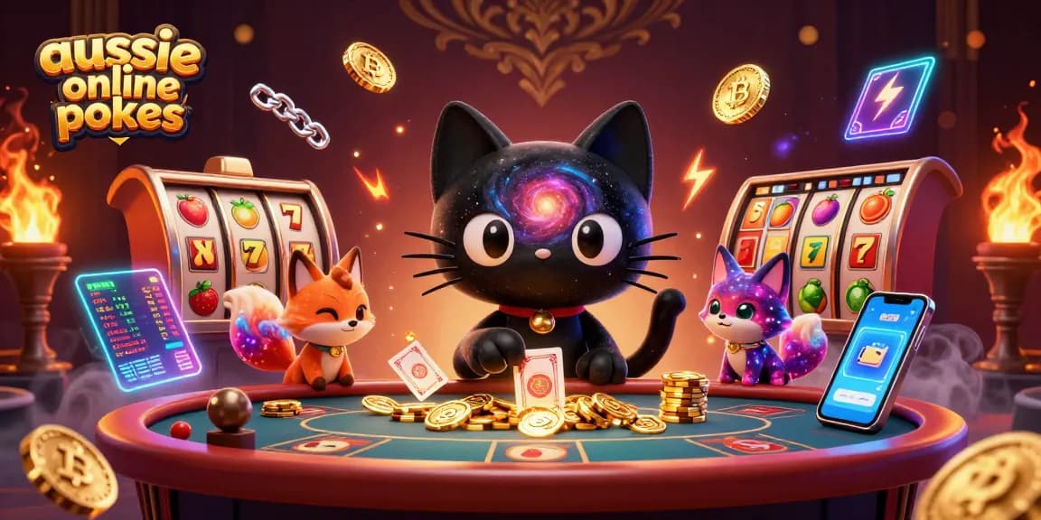 Experience aussie online pokies excitement with a cosmic cat and fox in a vibrant casino scene