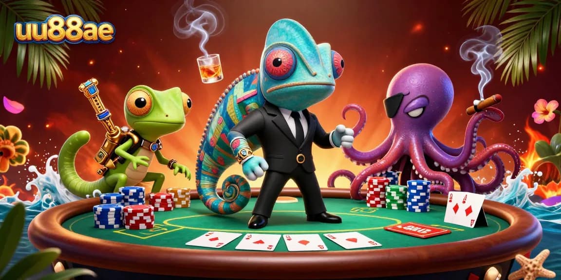 Join the excitement of uu88ae with a vibrant poker scene featuring colorful chips, dynamic characters, and dramatic play.