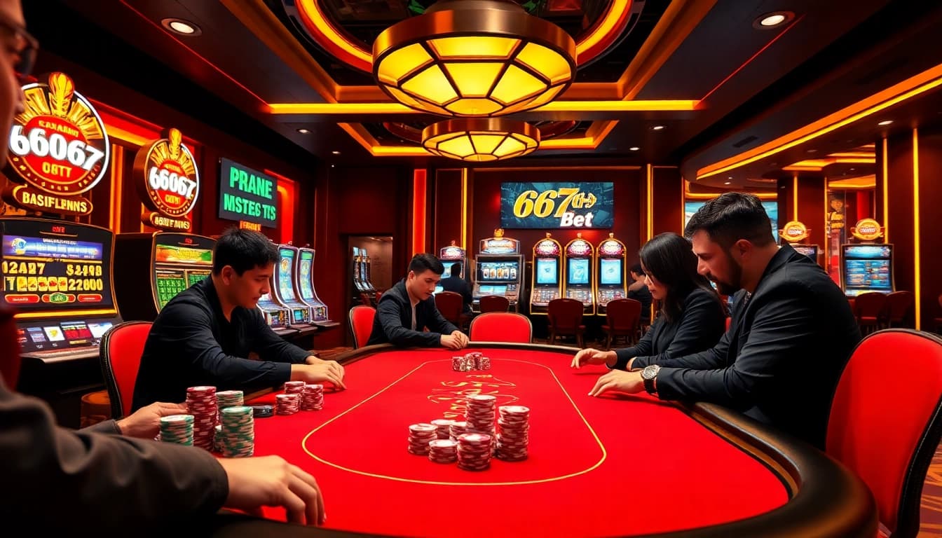 Experience thrilling gameplay at 667bet with vibrant casino tables, colorful chips, and exciting players.