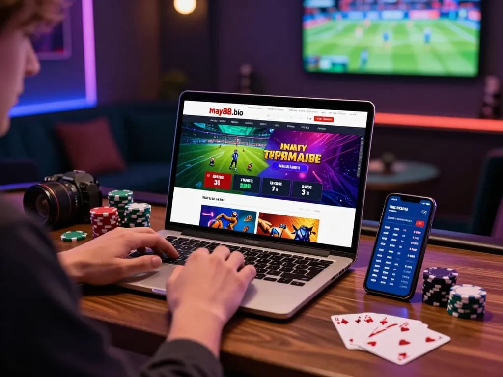 Engaging scene of a user exploring https://may88.bio/ on a laptop with vibrant sports betting graphics and gaming elements.