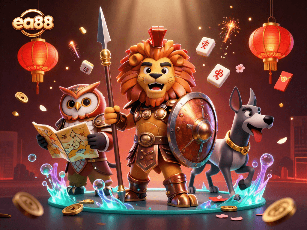 ea88 engages players with a vibrant 3D scene featuring themed characters and dynamic casino elements.