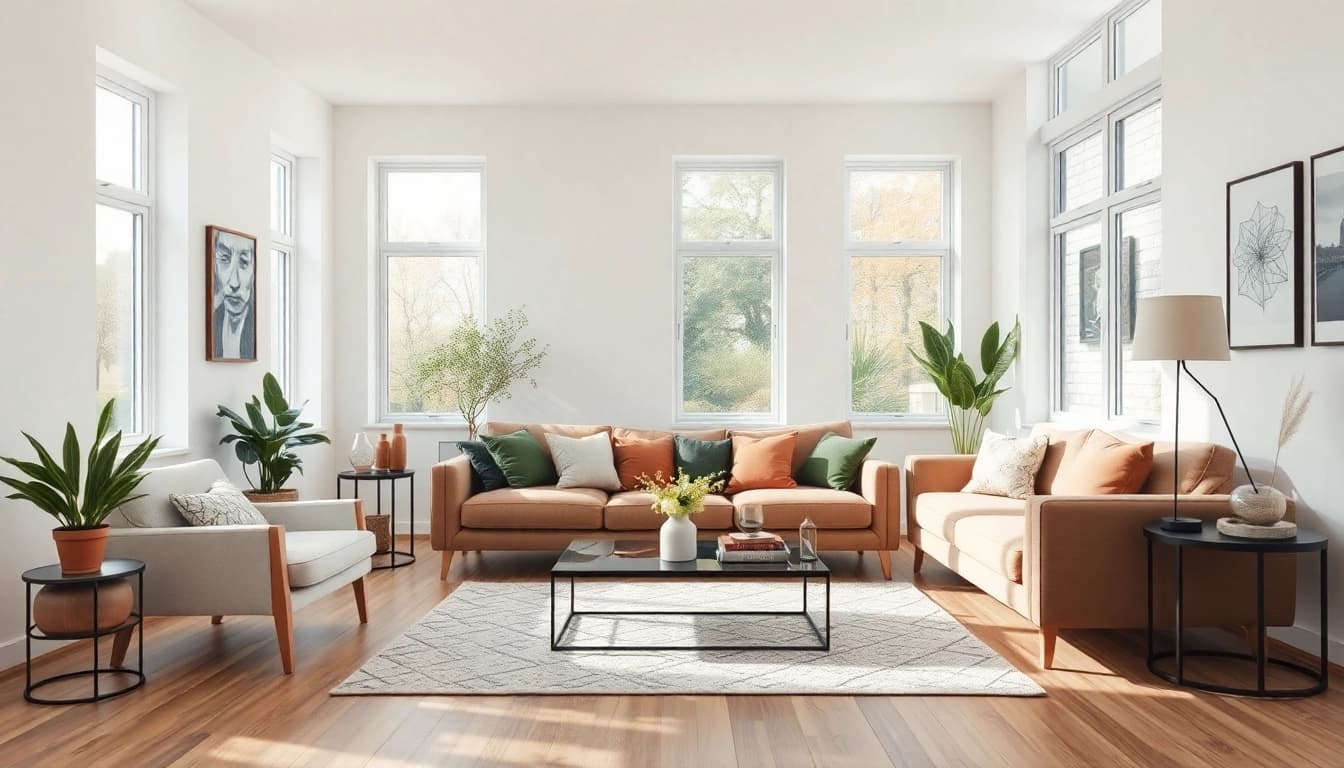 Raumgestaltung eines modernen Wohnzimmers mit hellen Farben und natürlicher Atmosphäre.
