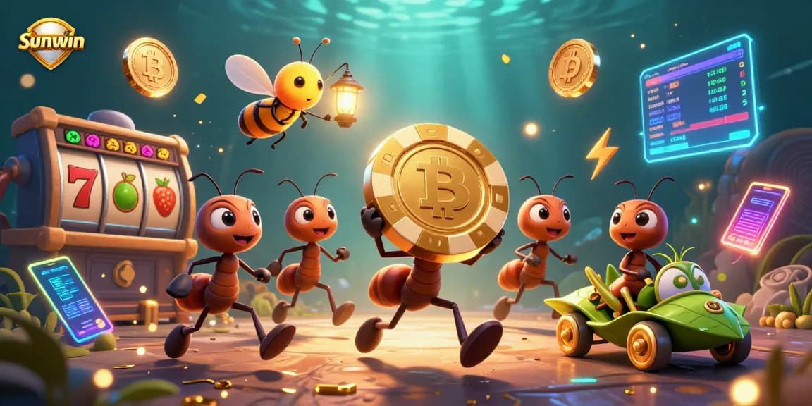 Sunwin ants involved in a thrilling casino heist with golden poker chips and slot symbols.