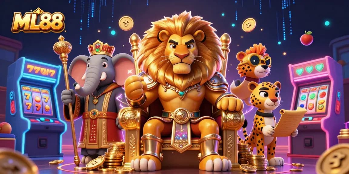 Engage with ML88 as the lion king rules the casino realm surrounded by vibrant gaming elements.