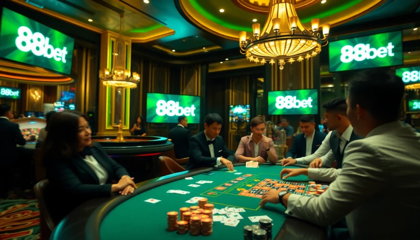Experience thrilling gameplay at 88bet with elegant poker tables and vibrant casino ambiance.