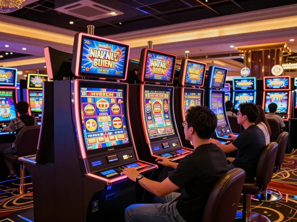 Players engaged at colorful slot machines for game nổ hũ, showcasing excitement in a vibrant casino atmosphere.