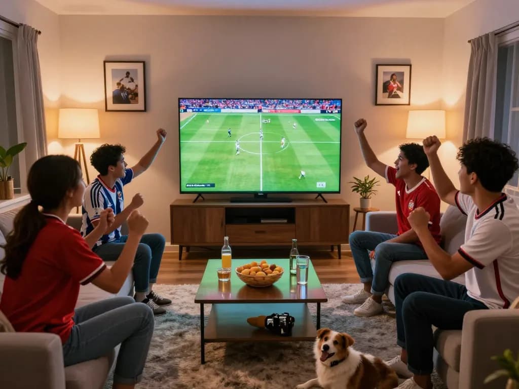 Cà Khịa TV brings friends together for a lively football match viewing experience at home with snacks and team jerseys.