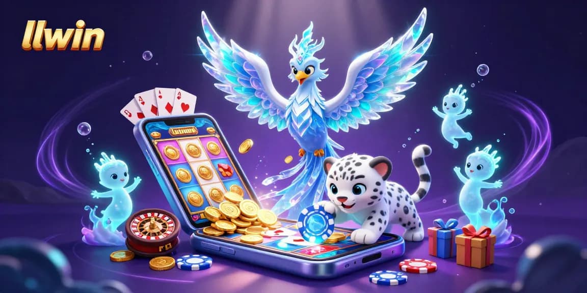 llwin showcases vibrant 3D casino elements, with a dazzling phoenix amid playful gaming characters and action.