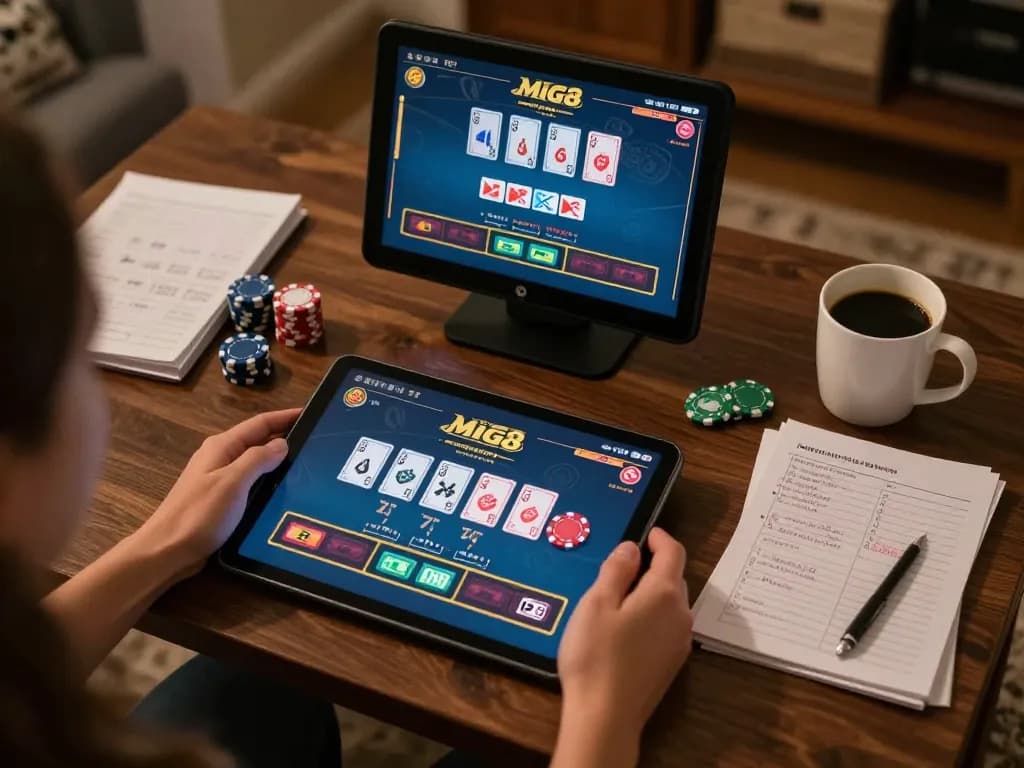 Engaging in MIG8 online blackjack session with live dealer on tablet screen at home