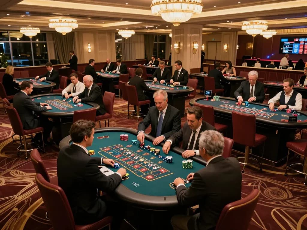 Players enjoying strategic games like fun 88 blackjack and poker at an elegant casino.
