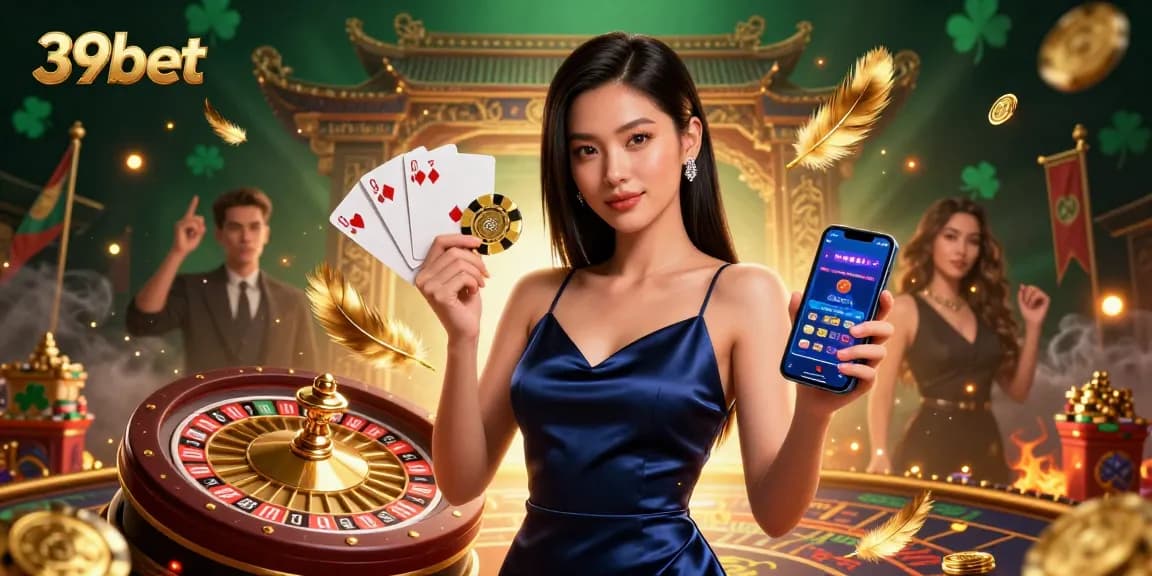 Play and win with 39bet, featuring a stunning woman showcasing a casino app and golden chip in a vibrant scene.